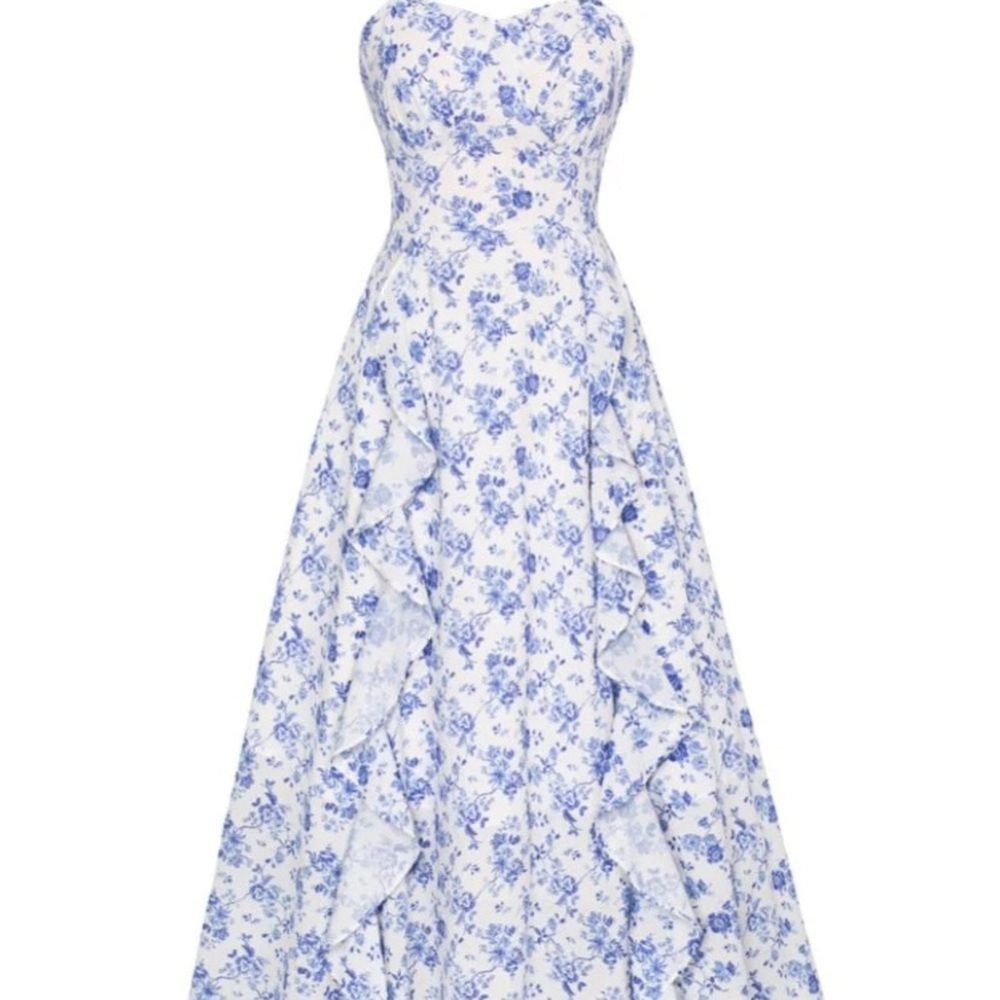 Belle Poque Midi Dress Womens XL Blue White Floral Ruffle‎ Smocked Back NWT